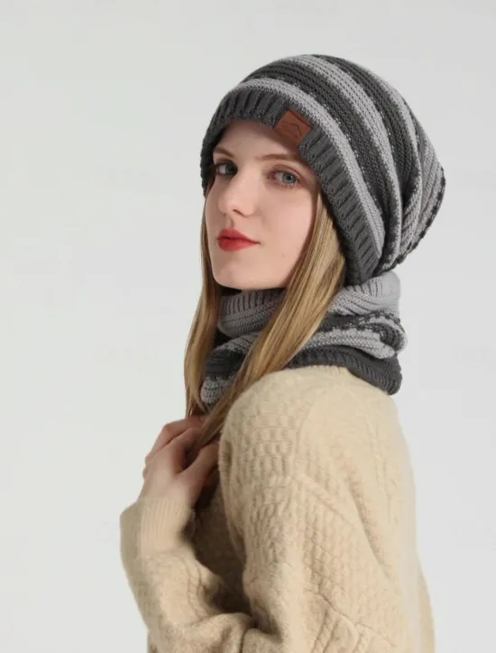Best 2pcs/set Women Winter Beanie Knitted Scarf & Hat Set Windproof Winter Warmer Cap for Outdoor Cycling Skiing Women Hats