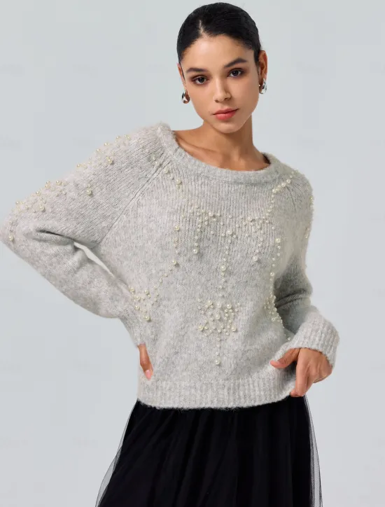 Hot Pearl Beaded Crew Neck Pullover Sweater Women Ugly Sweater
