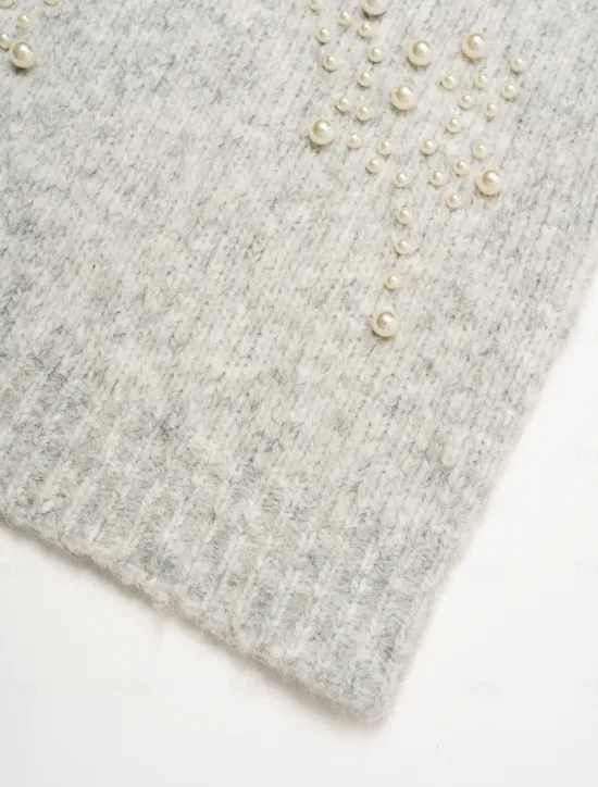 Hot Pearl Beaded Crew Neck Pullover Sweater Women Ugly Sweater