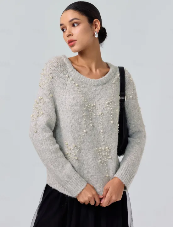 Hot Pearl Beaded Crew Neck Pullover Sweater Women Ugly Sweater