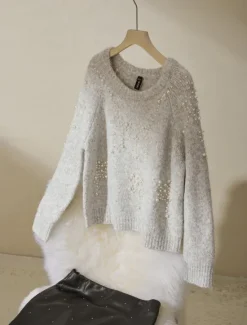 Hot Pearl Beaded Crew Neck Pullover Sweater Women Ugly Sweater