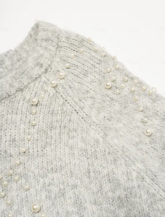 Hot Pearl Beaded Crew Neck Pullover Sweater Women Ugly Sweater