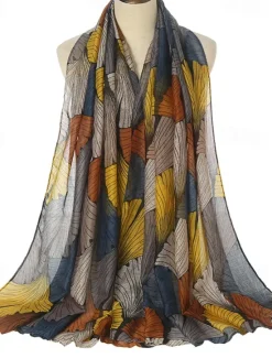 Outlet Retro Plant Print Scarves Women Ginkgo Leaf Printing Shawl And Wraps Laday Foulard Flower Hijab Long Style Scarf Women Scarves