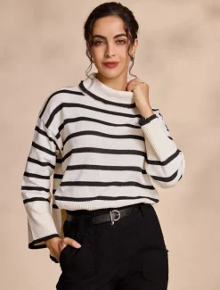 Online Ribbed Knit Bell Sleeve Turtle Neck Sweater Women Ugly Sweater