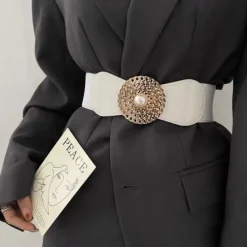 Outlet round buckle chain elastic elastic girdle female outer suit dress pearl disc black retro belt Women Belt