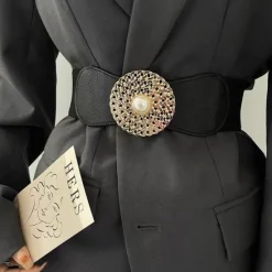 Outlet round buckle chain elastic elastic girdle female outer suit dress pearl disc black retro belt Women Belt