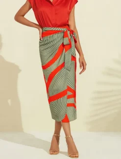 Hot Satin Color Block Elastic Waist Midi Skirt Women Skirts