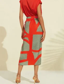 Hot Satin Color Block Elastic Waist Midi Skirt Women Skirts