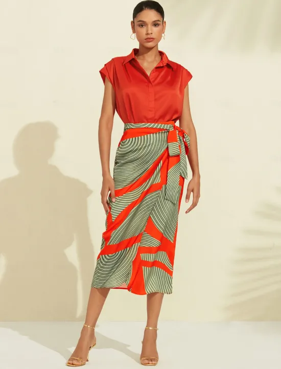 Hot Satin Color Block Elastic Waist Midi Skirt Women Skirts