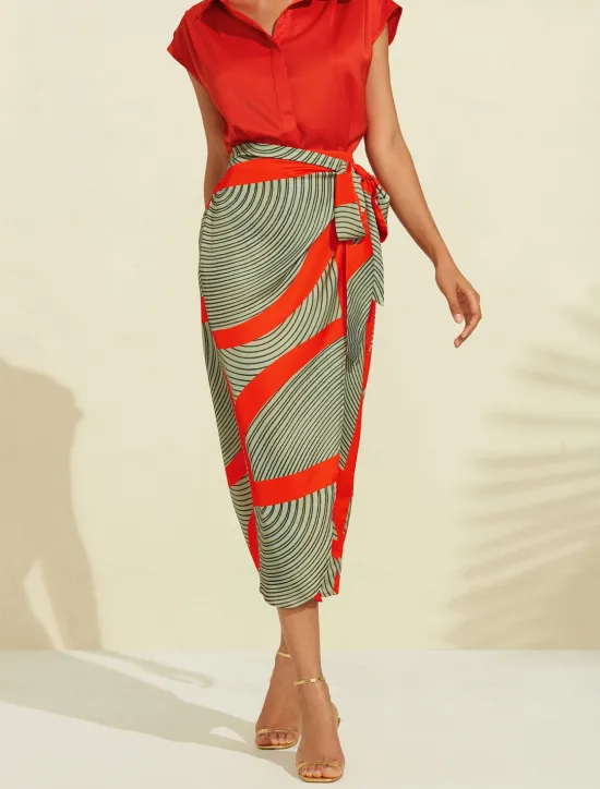 Hot Satin Color Block Elastic Waist Midi Skirt Women Skirts