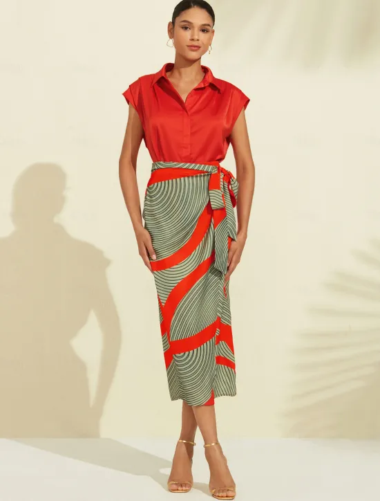Hot Satin Color Block Elastic Waist Midi Skirt Women Skirts
