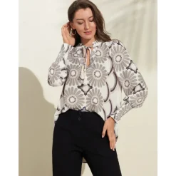Best Satin Floral Print V Neck Shirt Women Blouses & Shirts
