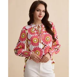 Best Satin Floral Print V Neck Shirt Women Blouses & Shirts