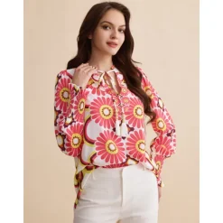 Best Satin Floral Print V Neck Shirt Women Blouses & Shirts