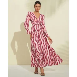 Satin Floral V Neck Maxi Dress White Long Sleeve Wedding Guest Dress Ascot Dress Women Casual Dress|Vacation Dresses