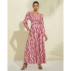 Satin Floral V Neck Maxi Dress White Long Sleeve Wedding Guest Dress Ascot Dress Women Casual Dress|Vacation Dresses