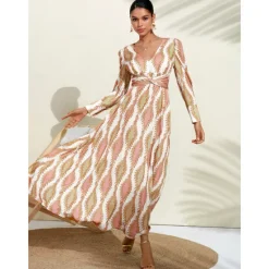 Satin Floral V Neck Maxi Dress White Long Sleeve Wedding Guest Dress Ascot Dress Women Casual Dress|Vacation Dresses