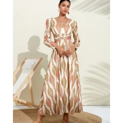 Satin Floral V Neck Maxi Dress White Long Sleeve Wedding Guest Dress Ascot Dress Women Casual Dress|Vacation Dresses