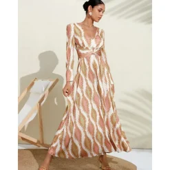 Satin Floral V Neck Maxi Dress White Long Sleeve Wedding Guest Dress Ascot Dress Women Casual Dress|Vacation Dresses