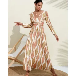 Satin Floral V Neck Maxi Dress White Long Sleeve Wedding Guest Dress Ascot Dress Women Casual Dress|Vacation Dresses