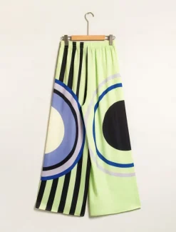 Online Satin Geometric Print Relaxed Elasticity Straight Pants Women Pants