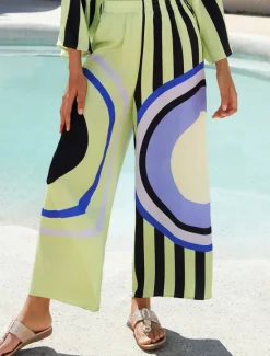 Online Satin Geometric Print Relaxed Elasticity Straight Pants Women Pants