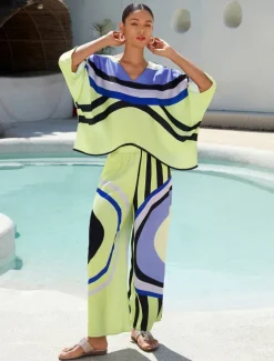 Online Satin Geometric Print Relaxed Elasticity Straight Pants Women Pants