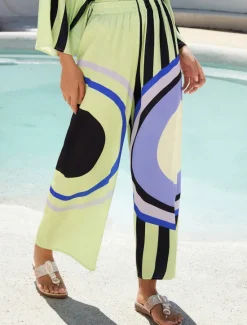 Online Satin Geometric Print Relaxed Elasticity Straight Pants Women Pants
