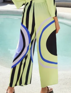 Online Satin Geometric Print Relaxed Elasticity Straight Pants Women Pants