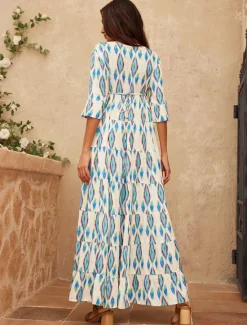 New Satin Geometric V Neck Maxi Dress Women Vacation Dresses|Casual Dress