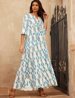 New Satin Geometric V Neck Maxi Dress Women Vacation Dresses|Casual Dress