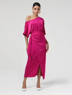 Outlet Satin Knotted Wrap Drop Shoulder Maxi Dress Women Cocktail Dress