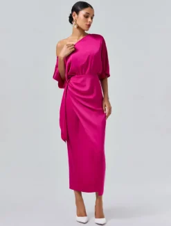 Outlet Satin Knotted Wrap Drop Shoulder Maxi Dress Women Cocktail Dress