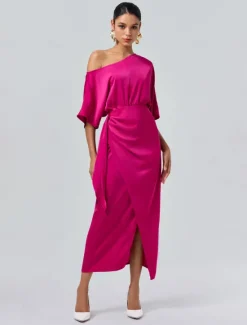 Outlet Satin Knotted Wrap Drop Shoulder Maxi Dress Women Cocktail Dress