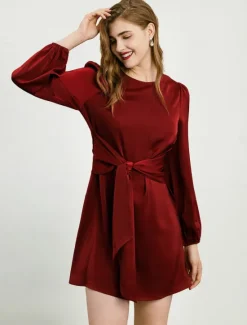 Hot Satin Lace-Up Mini Dress Crew Neck Women Cocktail Dress