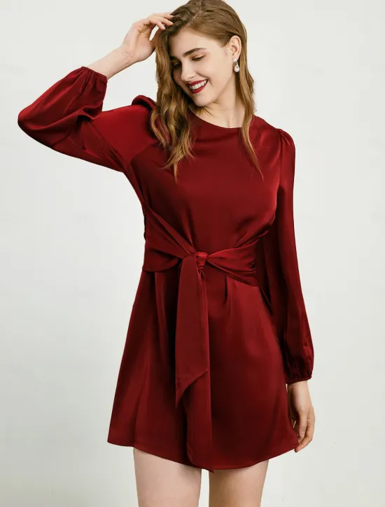 Hot Satin Lace-Up Mini Dress Crew Neck Women Cocktail Dress