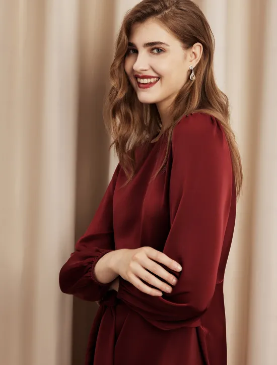 Hot Satin Lace-Up Mini Dress Crew Neck Women Cocktail Dress