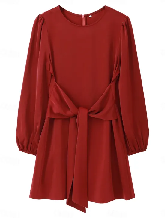Hot Satin Lace-Up Mini Dress Crew Neck Women Cocktail Dress