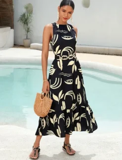 Outlet Satin Leaves Sleeveless Maxi Dress (No Belt) Women Casual Dress