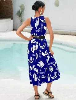 Outlet Satin Leaves Sleeveless Maxi Dress (No Belt) Women Casual Dress