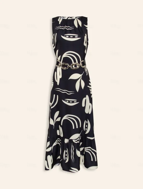 Outlet Satin Leaves Sleeveless Maxi Dress (No Belt) Women Casual Dress