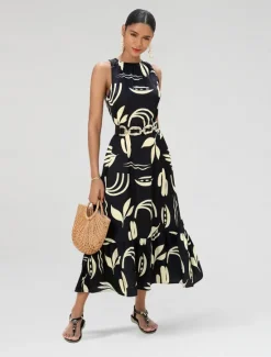 Outlet Satin Leaves Sleeveless Maxi Dress (No Belt) Women Casual Dress