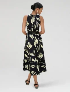 Outlet Satin Leaves Sleeveless Maxi Dress (No Belt) Women Casual Dress