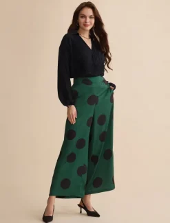 Best Satin Polka Dot Pocket Full Length Daily Pants Women Pants