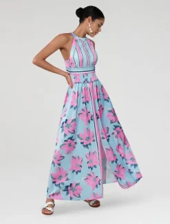 New Satin Print Halter Neck Backless Maxi Dress Women Floral Dresses
