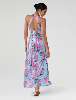 New Satin Print Halter Neck Backless Maxi Dress Women Floral Dresses