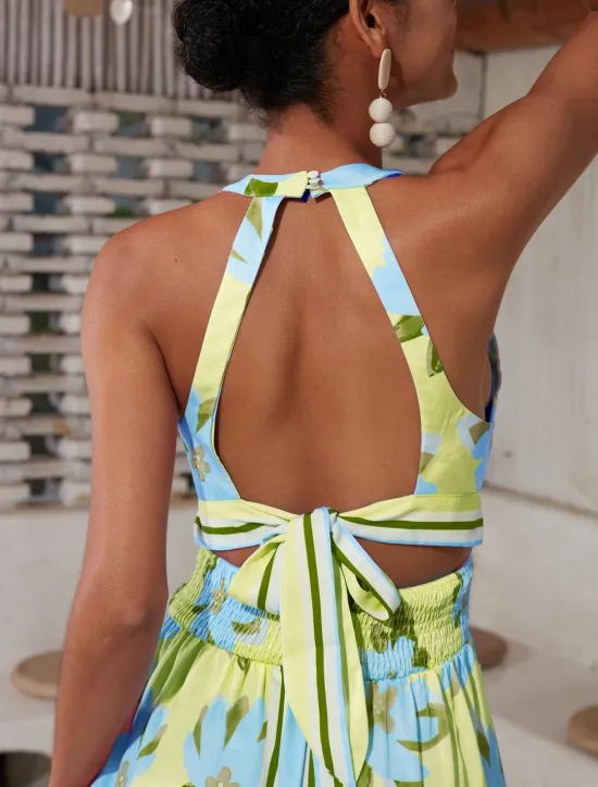 New Satin Print Halter Neck Backless Maxi Dress Women Floral Dresses