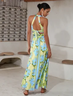 New Satin Print Halter Neck Backless Maxi Dress Women Floral Dresses
