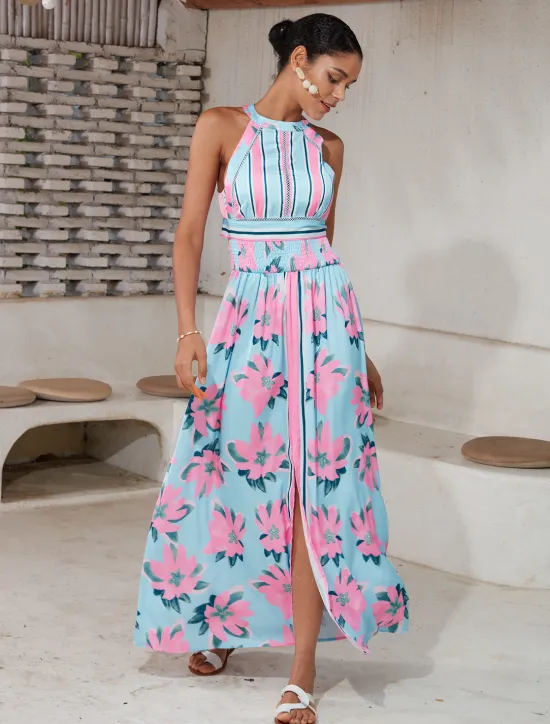 New Satin Print Halter Neck Backless Maxi Dress Women Floral Dresses