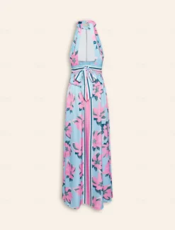 New Satin Print Halter Neck Backless Maxi Dress Women Floral Dresses